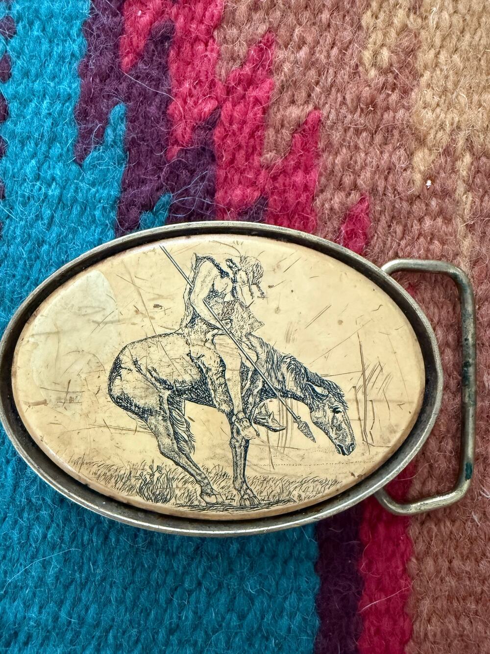 Vintage 1983 Barlow Solid Brass End of Trail Faux Scrimshaw Belt Buckle